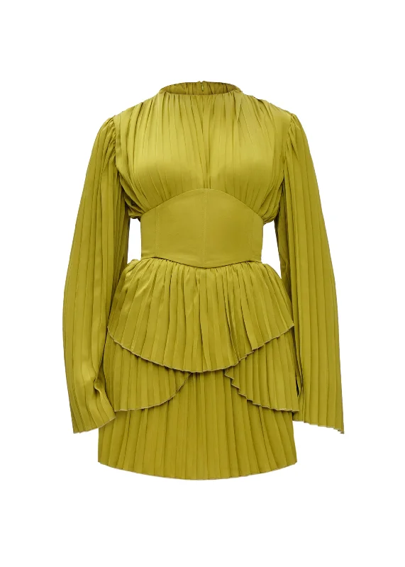 LENTI PLEATED MINI DRESS - LIME Stylish Puff Sleeve Mini Dress