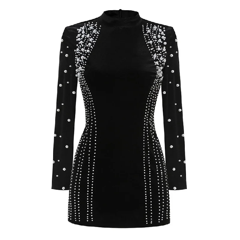Opulent Faux Pearl Embellished Long Sleeve Velvet Bodycon Mini Party Dress Tunics Prom sequined