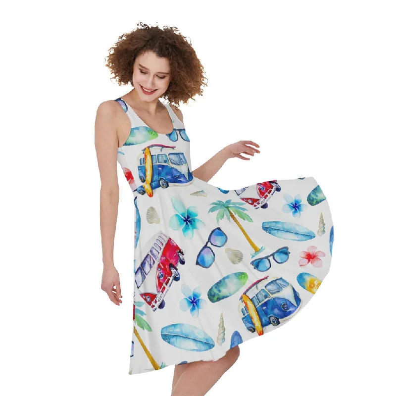 Watercolor Surfing Pattern Print Sleeveless Knee Length Dress Tunics Distressed trendy Watercolor Surfing Pattern Print Sleeveless Knee Length Dress Tunics Distressed trendy