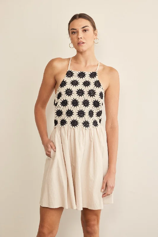 In February Cotton Mini Dress with Delicate Crochet Top in Natural Comfortable Polka Dot Mini Dress In February Cotton Mini Dress with Delicate Crochet Top in Natural Comfortable Polka Dot Mini Dress