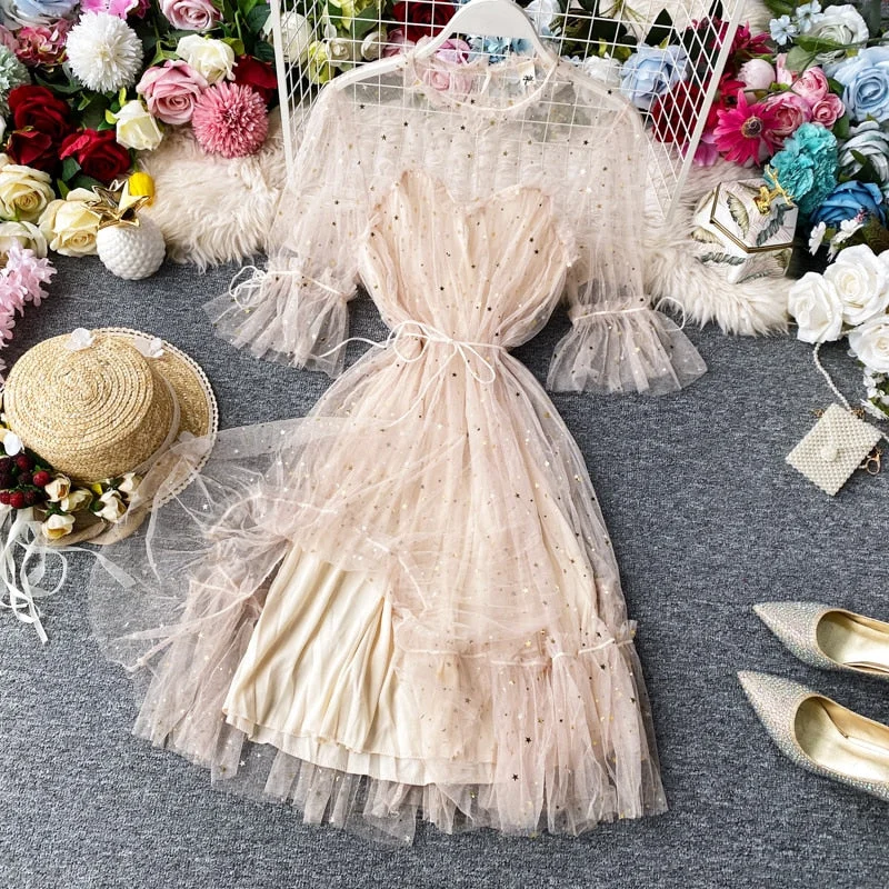 Party Dresses Bright Summer Women Mesh Ruffles Waistband Stars Sequined S549 Glittery Long Formal Party Dresses Bright Summer Women Mesh Ruffles Waistband Stars Sequined S549 Glittery Long Formal