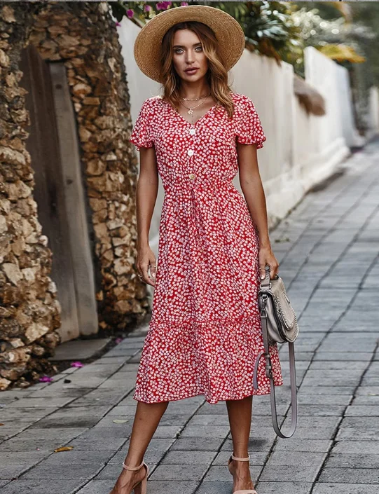 Women Floral Print Boho Long Dress Ruffles Casual V-Neck Sexy Party Dress Tunics Denim casual