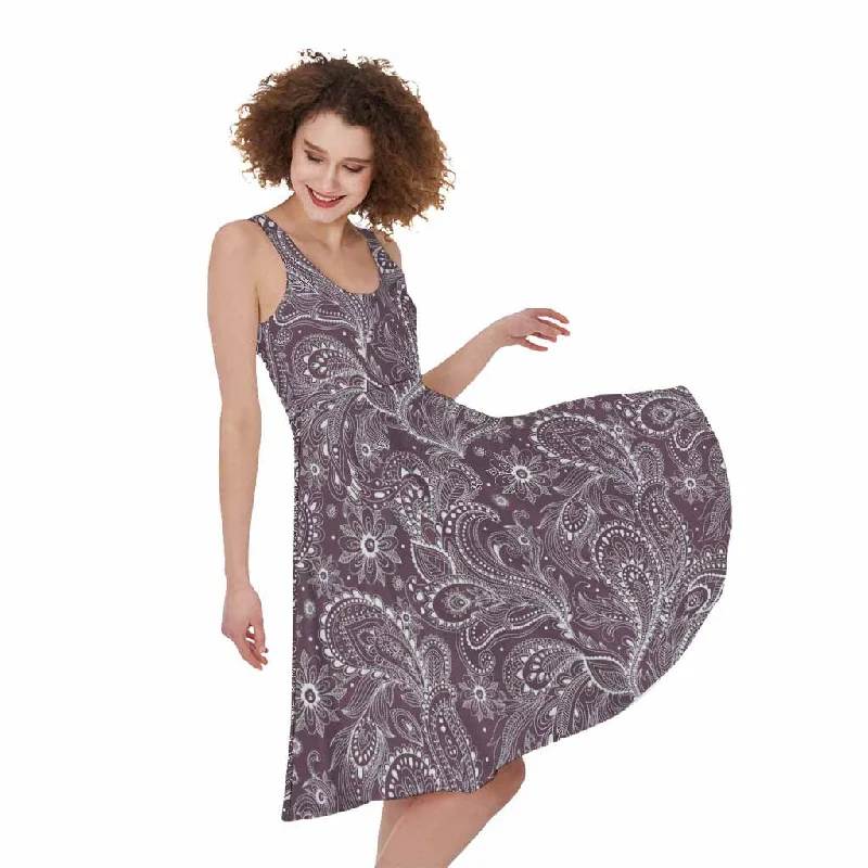 Umber Floral Bohemian Pattern Print Sleeveless Knee Length Dress Tunics Long Elegant Umber Floral Bohemian Pattern Print Sleeveless Knee Length Dress Tunics Long Elegant