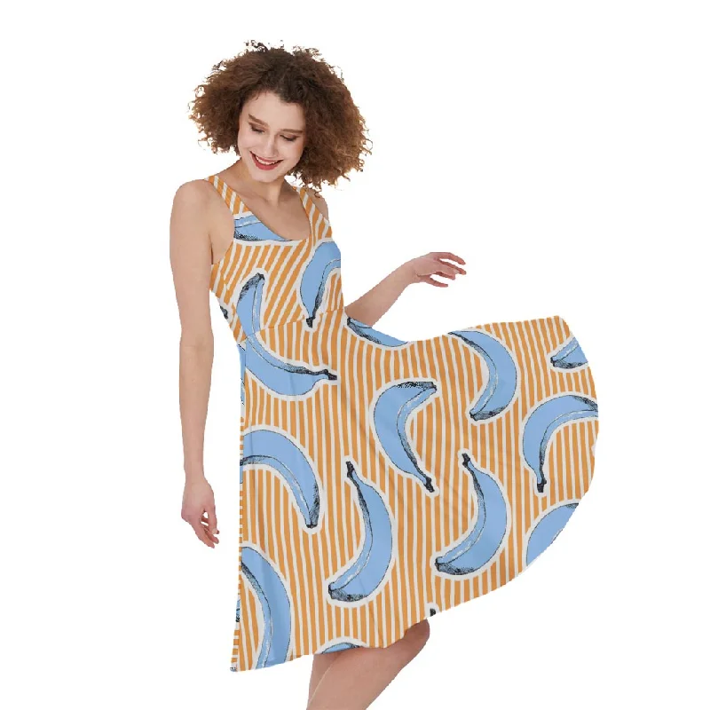 Retro Blue Banana Pattern Print Sleeveless Knee Length Dress Tunics Versatile stylish Retro Blue Banana Pattern Print Sleeveless Knee Length Dress Tunics Versatile stylish