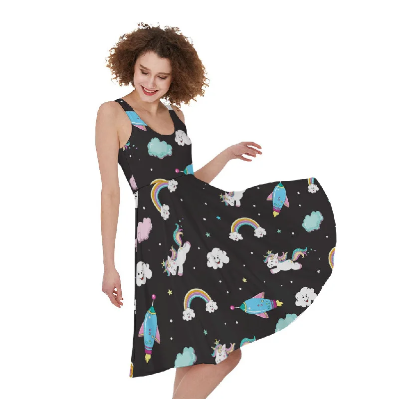 Star Space Unicorn Pattern Print Sleeveless Knee Length Dress Off-the-shoulder Chic Trendy
