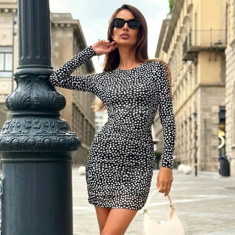Sexy Black and White Polka Dot Printed Long Sleeve Ruched Mesh Mini Party Dress Tunics Winter warm