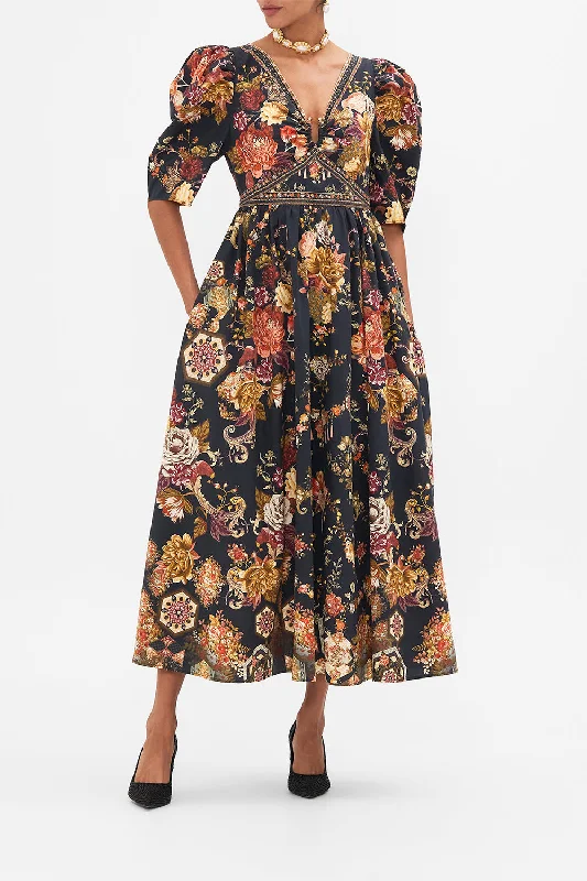 PUFF SLEEVE LONG DRESS WITH HARDWARE STITCHED IN TIME Floral Print girly