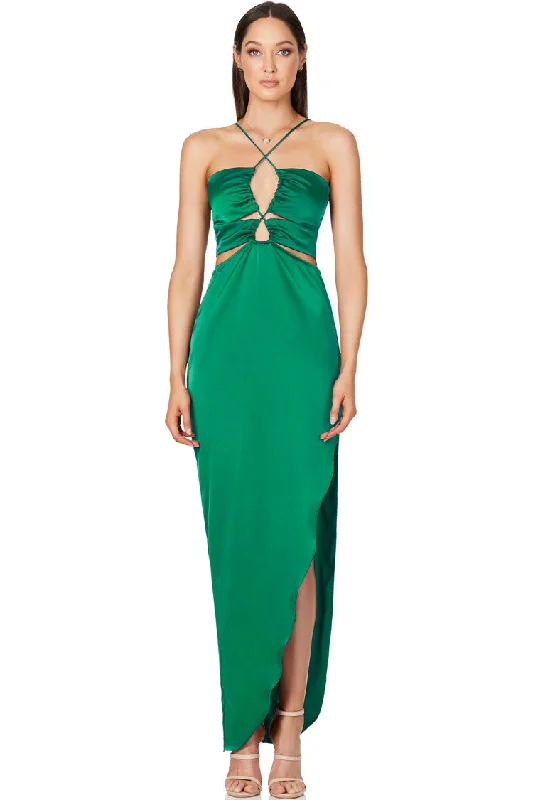 Silky Satin Cross Front Cutout Slit Cocktail Party Dress - Emerald Green Off-the-shoulder Chic Trendy
