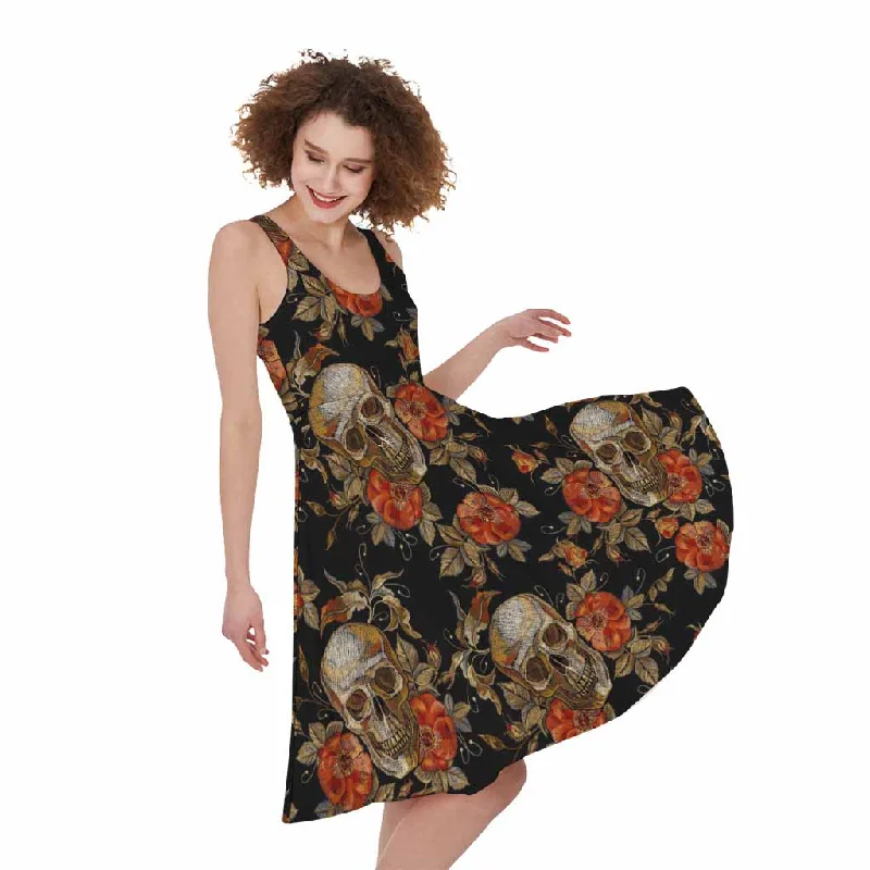 Vintage Floral Skull Pattern Print Sleeveless Knee Length Dress Tunics Luxurious high-end Vintage Floral Skull Pattern Print Sleeveless Knee Length Dress Tunics Luxurious high-end