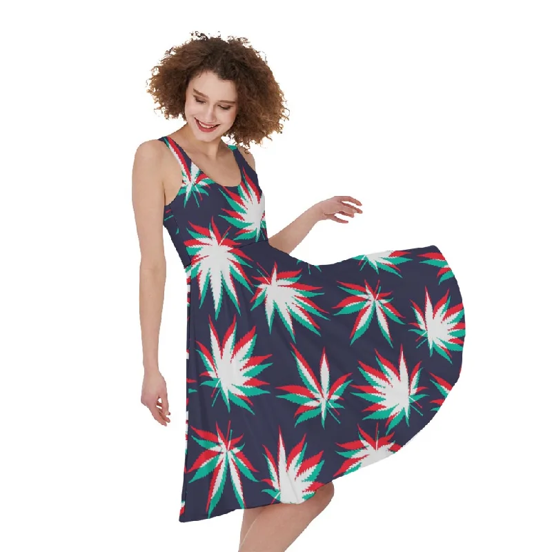 Trippy Hemp Leaves Reggae Pattern Print Sleeveless Knee Length Dress Tunics stripes playful Trippy Hemp Leaves Reggae Pattern Print Sleeveless Knee Length Dress Tunics stripes playful