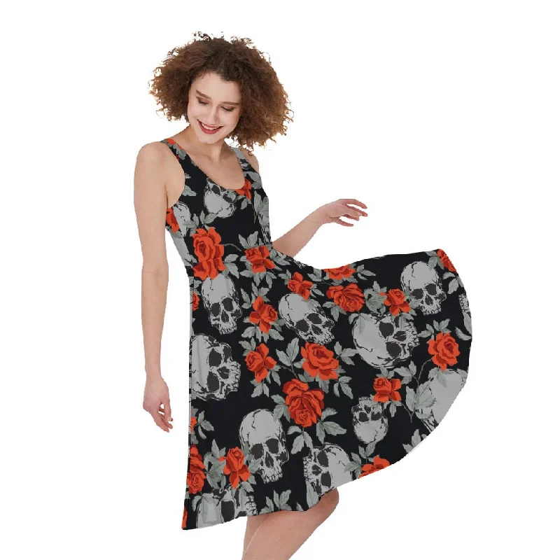 Red Rose Grey Skull Pattern Print Sleeveless Knee Length Dress Tunics Cozy soft