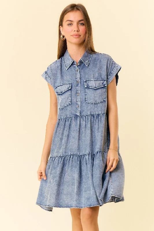 Doe and Rae Tiered Tencel Mini Dress in Dark Denim Classic Floral Mini Dress