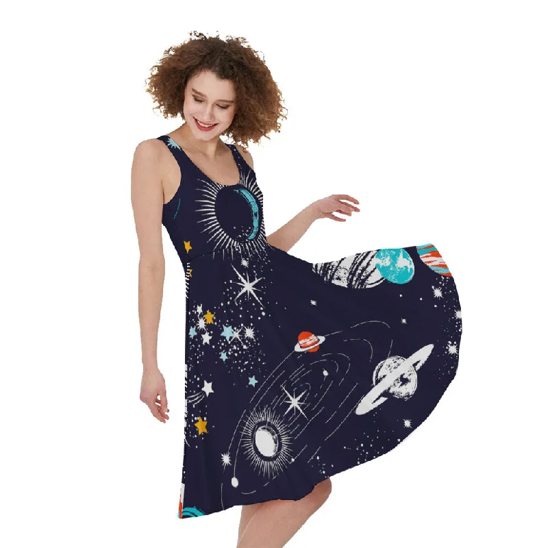 Universe Galaxy Outer Space Print Sleeveless Knee Length Dress Crew Neckline Sporty