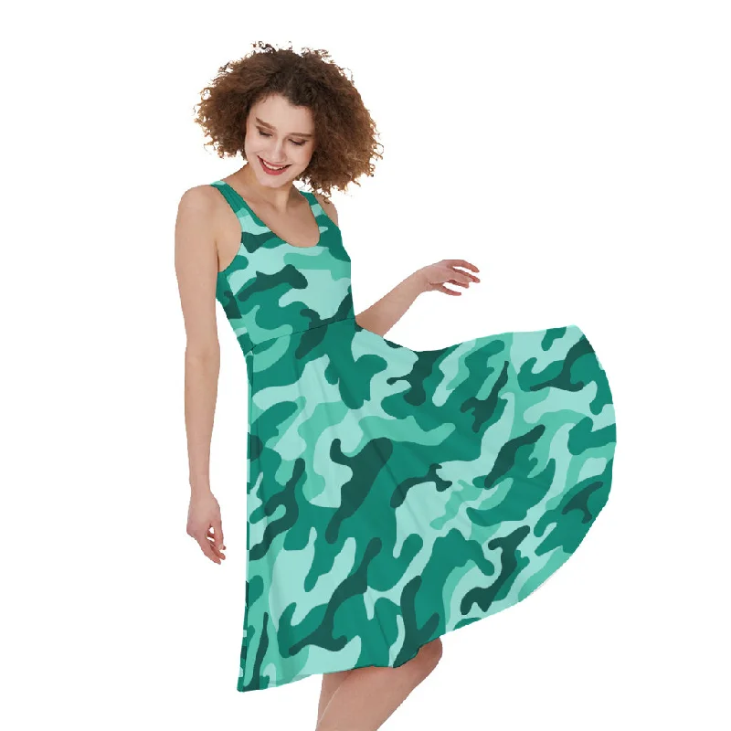 Teal Camouflage Print Sleeveless Knee Length Dress Tunics Sale discount