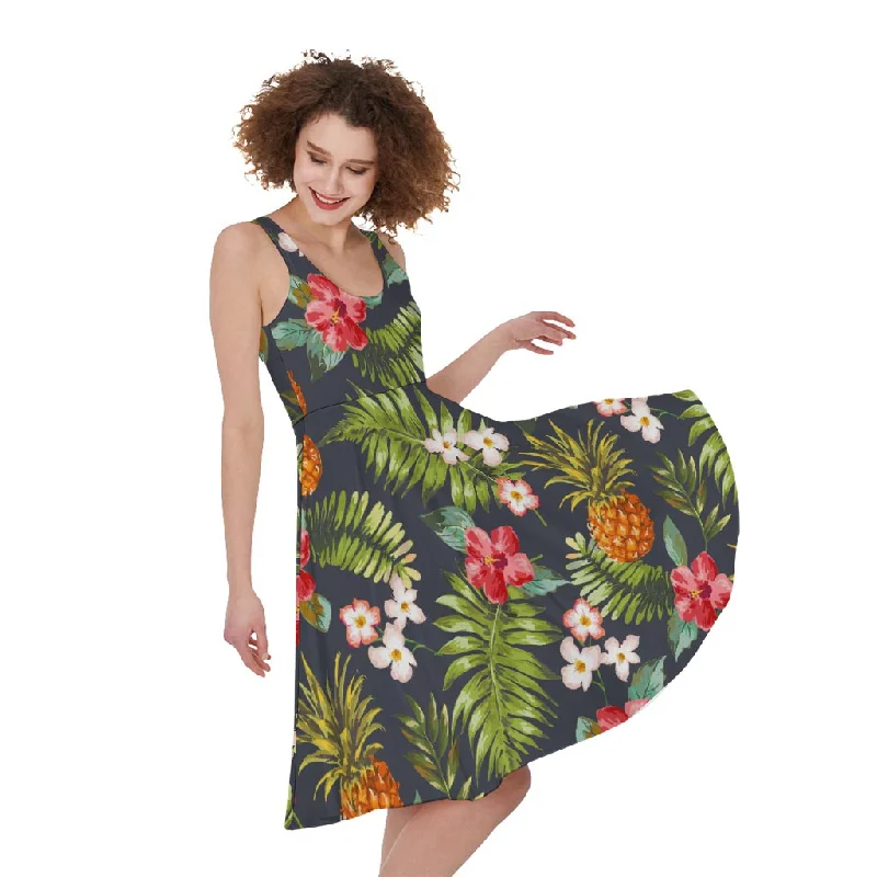 Tropical Hawaii Pineapple Pattern Print Sleeveless Knee Length Dress Tunics Cozy soft Tropical Hawaii Pineapple Pattern Print Sleeveless Knee Length Dress Tunics Cozy soft
