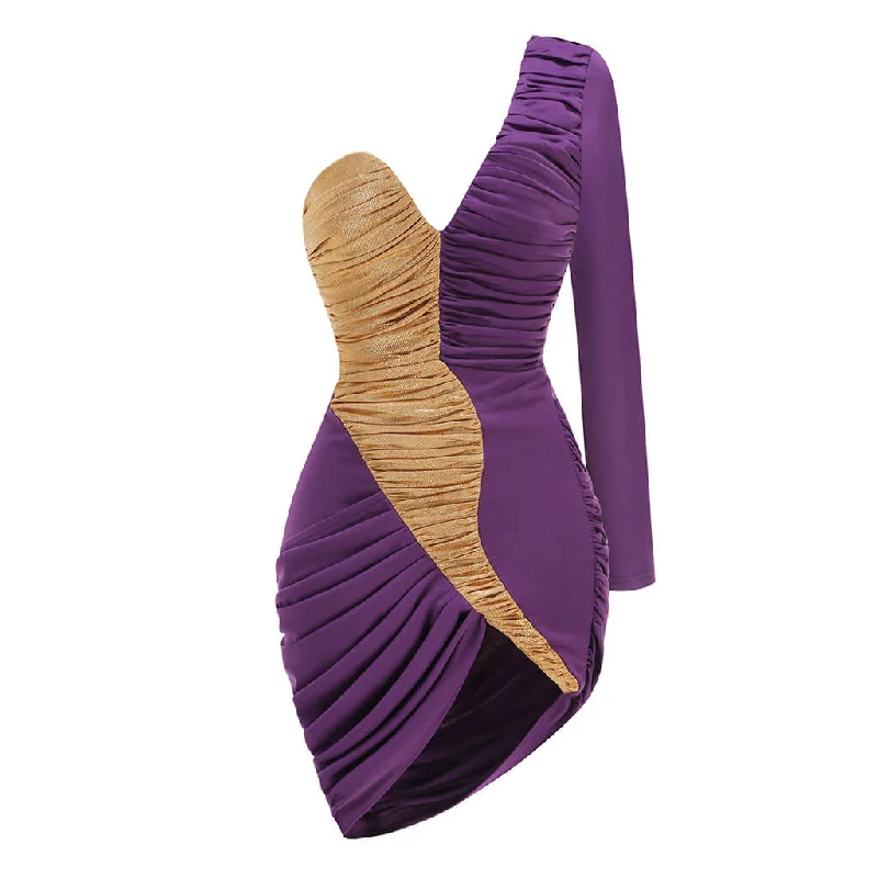 Asymmetric Contrast One Shoulder V Neck Ruched Bodycon Mini Party Dress Tunics Evening elegant