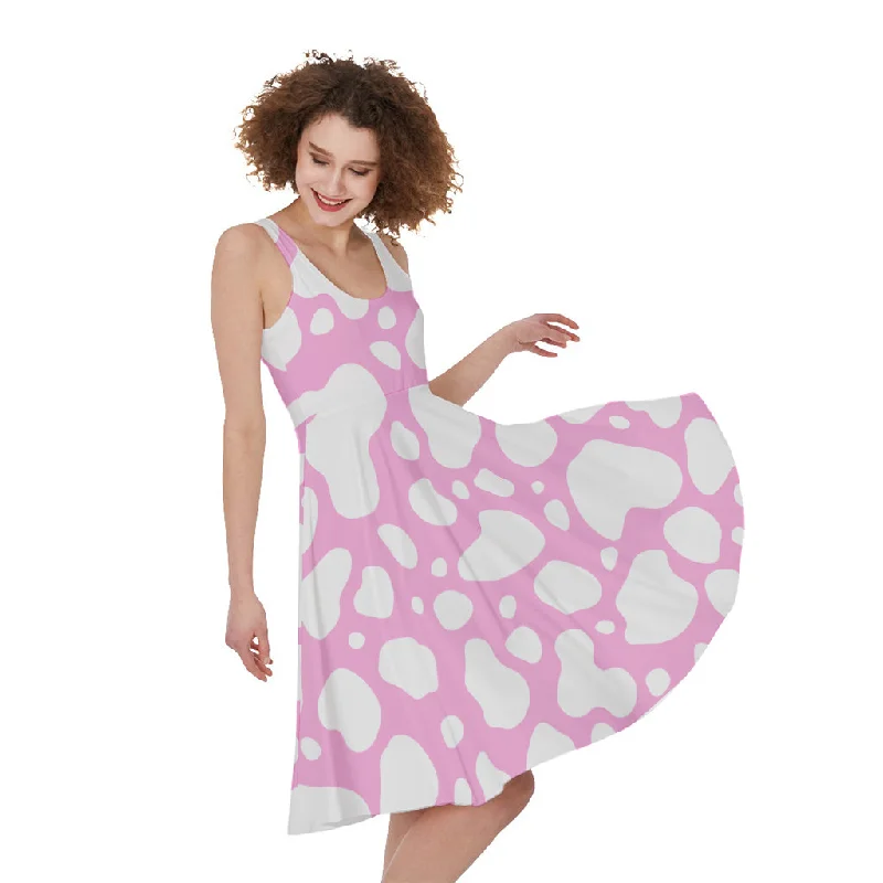 White And Pink Cow Print Sleeveless Knee Length Dress Crew Neckline Sporty