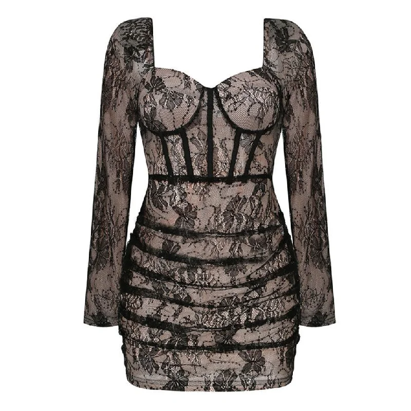 Sexy Sweetheart Neck Puff Sleeve Sequined Lace Ruched Corset Mini Party Dress Tunics Stylish elegant Sexy Sweetheart Neck Puff Sleeve Sequined Lace Ruched Corset Mini Party Dress Tunics Stylish elegant