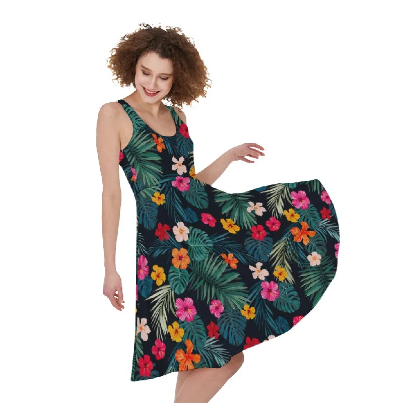 Tropical Flowers Hawaii Pattern Print Sleeveless Knee Length Dress Shift Classic Vintage Tropical Flowers Hawaii Pattern Print Sleeveless Knee Length Dress Shift Classic Vintage