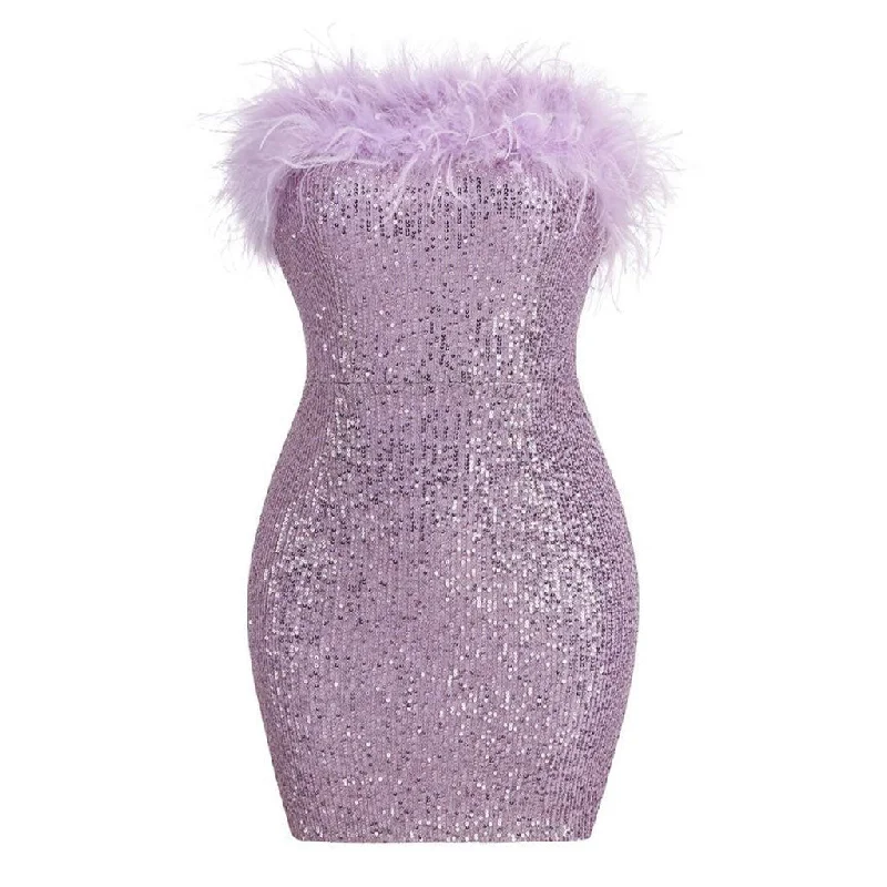 Sparkly Sequin Solid Color Feather Trim Strapless Bodycon Mini Party Dress Tunics Wedding white Sparkly Sequin Solid Color Feather Trim Strapless Bodycon Mini Party Dress Tunics Wedding white