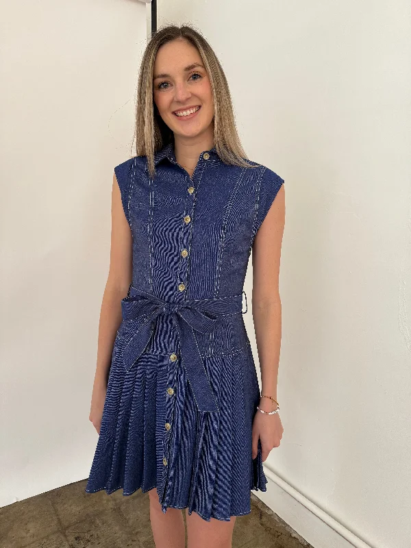 Current Air Tinsley Contrast Stitch Pleated Mini Dress Fashionable Party Mini Dress