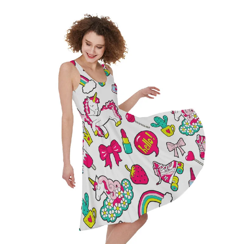 White Girly Unicorn Pattern Print Sleeveless Knee Length Dress Tunics Fashionable chic White Girly Unicorn Pattern Print Sleeveless Knee Length Dress Tunics Fashionable chic