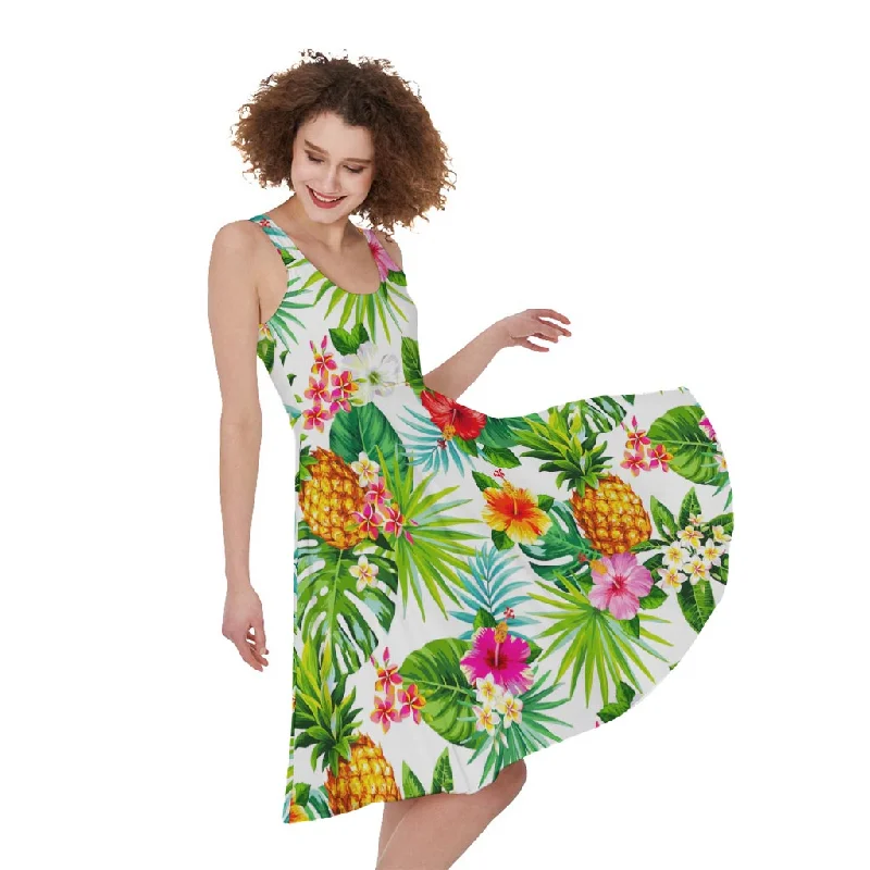 Tropical Aloha Pineapple Pattern Print Sleeveless Knee Length Dress Tunics Short Trendy Tropical Aloha Pineapple Pattern Print Sleeveless Knee Length Dress Tunics Short Trendy