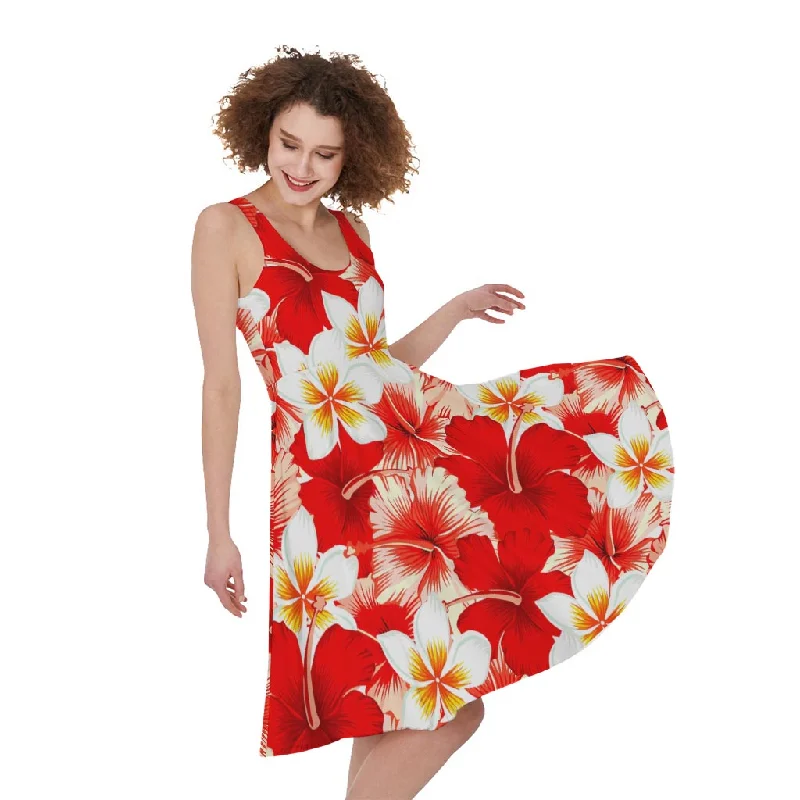 Red Hibiscus Plumeria Pattern Print Sleeveless Knee Length Dress Crew Neckline Casual