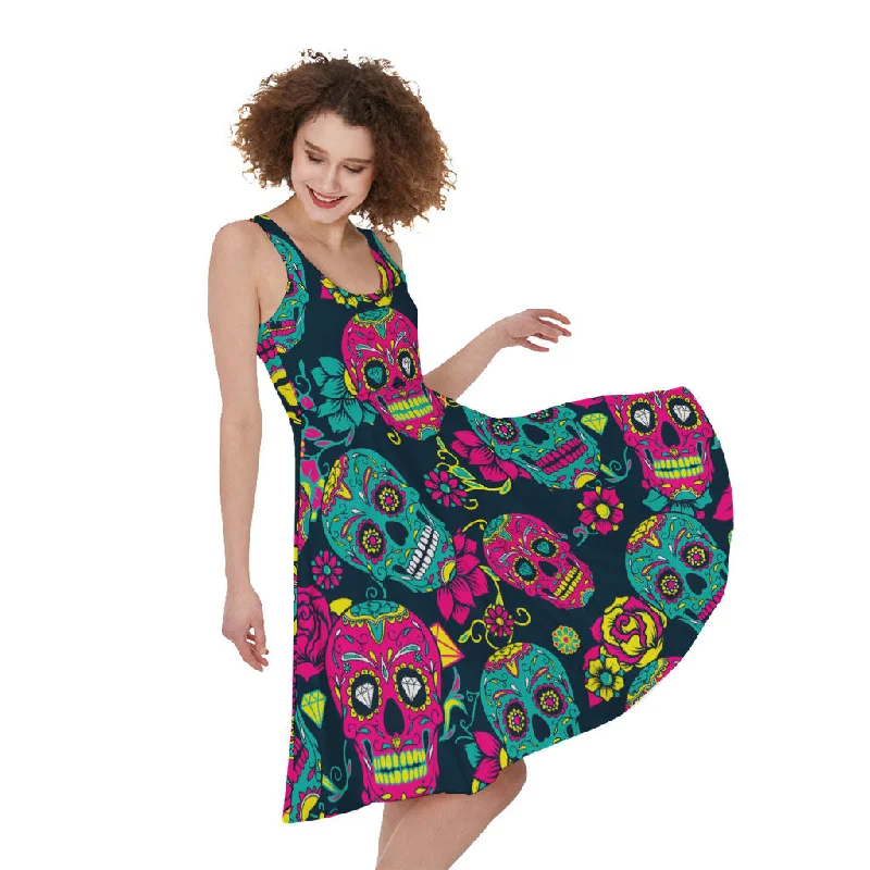 Teal Pink Sugar Skull Pattern Print Sleeveless Knee Length Dress Tunics Bridal satin Teal Pink Sugar Skull Pattern Print Sleeveless Knee Length Dress Tunics Bridal satin
