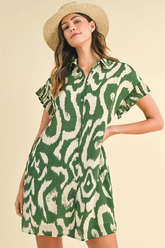 AnnieWear Abstract Print Button Down Mini Dress in Green Cozy T-Shirt Mini Dress