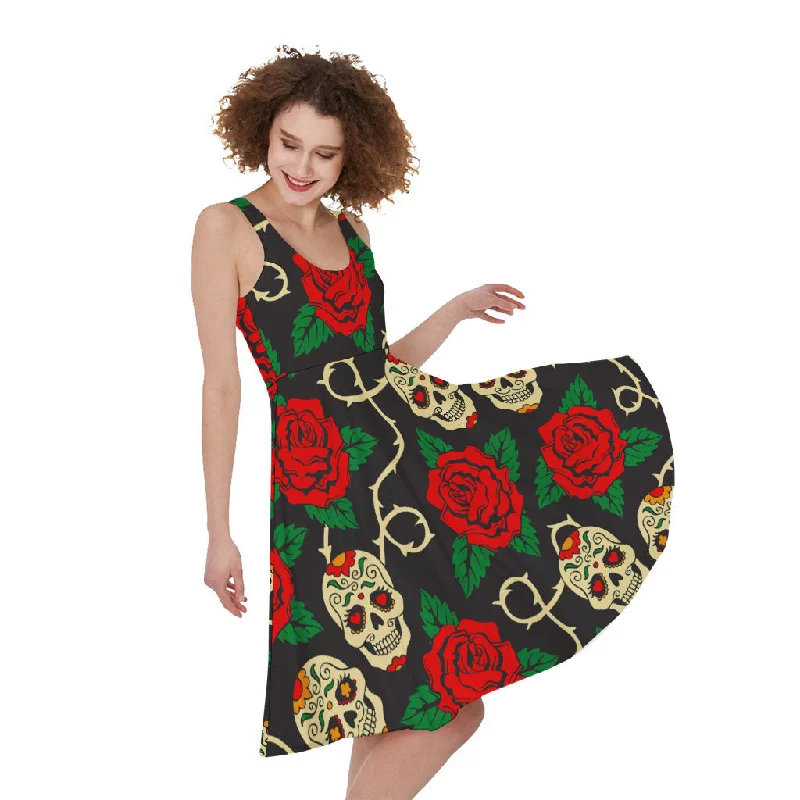 Rose Flower Sugar Skull Pattern Print Sleeveless Knee Length Dress Tunics Vintage classic Rose Flower Sugar Skull Pattern Print Sleeveless Knee Length Dress Tunics Vintage classic
