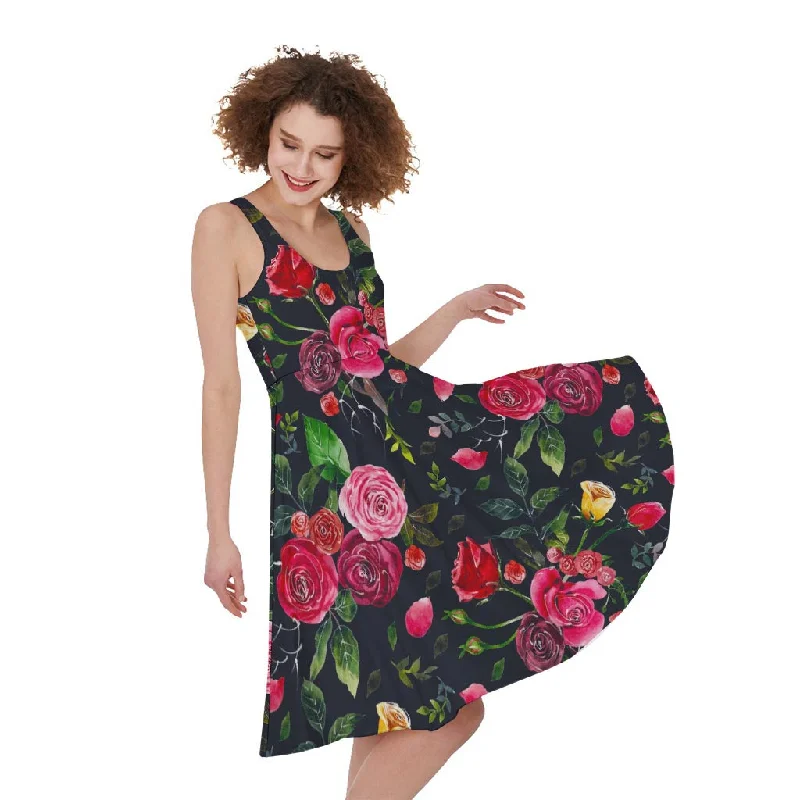 Roses Floral Flower Pattern Print Sleeveless Knee Length Dress Tunics Office stylish