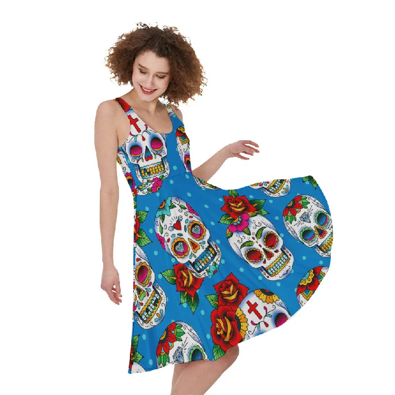 Rose Sugar Skull Pattern Print Sleeveless Knee Length Dress Tunics Prom sequined