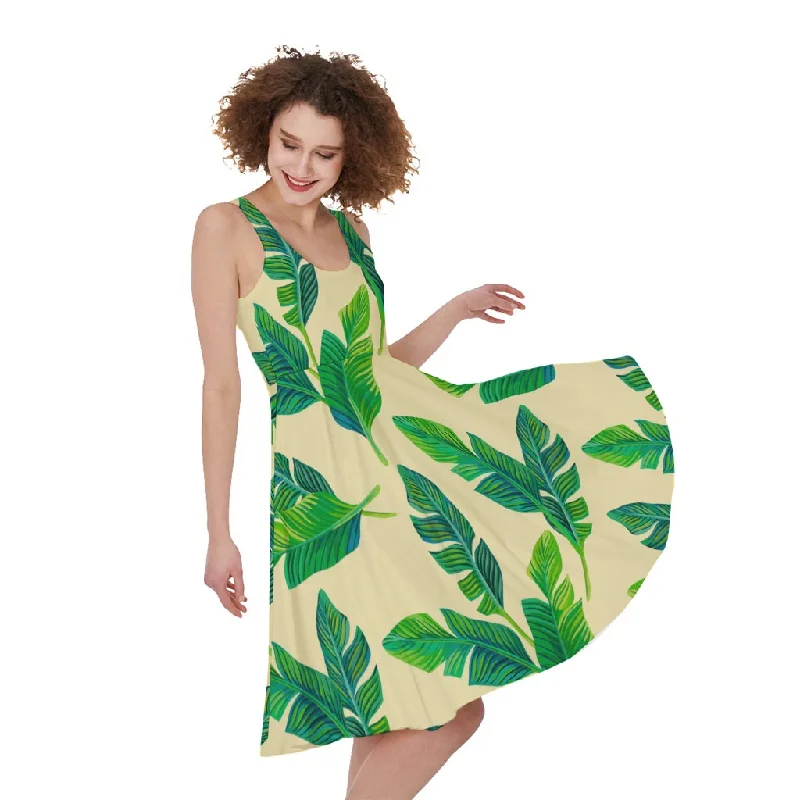 Tropical Banana Palm Leaf Pattern Print Sleeveless Knee Length Dress Turtleneck Warm Winter Tropical Banana Palm Leaf Pattern Print Sleeveless Knee Length Dress Turtleneck Warm Winter