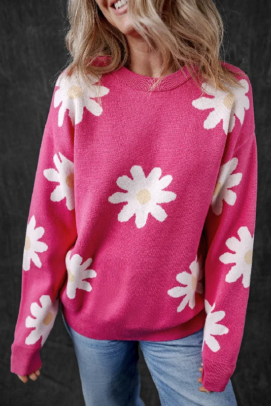 Daisy Flower Crew Neck Long Sleeve Sweater Turtle Neck Boat Neck Asymmetrical Neck