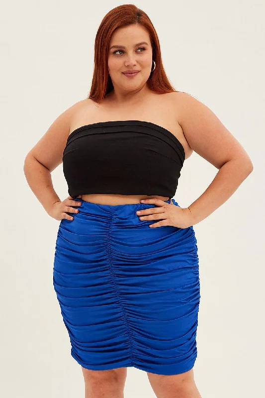 Blue Mini Skirt Ruched leather skirt sleek