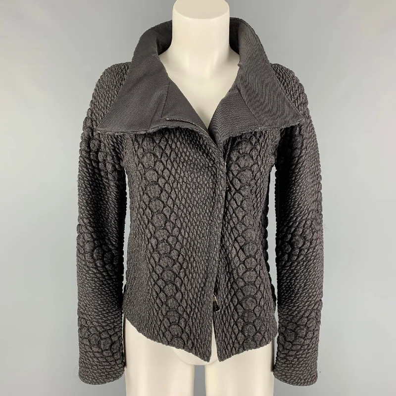 GIORGIO ARMANI Size 4 Charcoal Grey Wool Blend Textured Jacket Striped Jacket Polka Dot Jacket Floral Jacket GIORGIO ARMANI Size 4 Charcoal Grey Wool Blend Textured Jacket Striped Jacket Polka Dot Jacket Floral Jacket