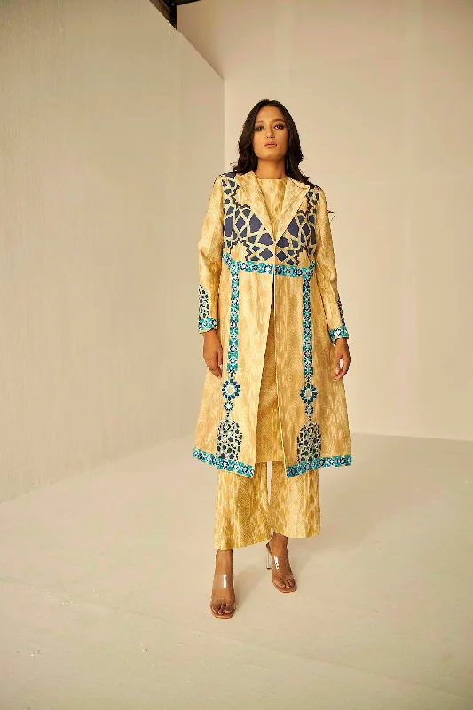 Beige Gold- The Window Trench, Kurta And Pant Set Relaxed High-Waist Trousers