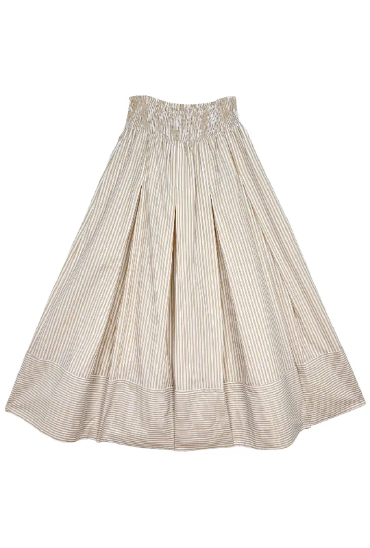 Smocked Waist MIDI Skirt - Oatmeal Stripe velvet skirt luxurious
