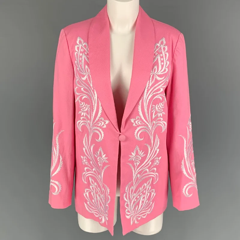 BOB MACKIE Size S Pink White Embroidered Cotton Jacket Blazer Notch Collar Jacket Peter Pan Collar Jacket Cowl Neck Jacket