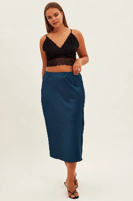 Blue Midi Skirt Bias Satin Split Side lace skirt intricate
