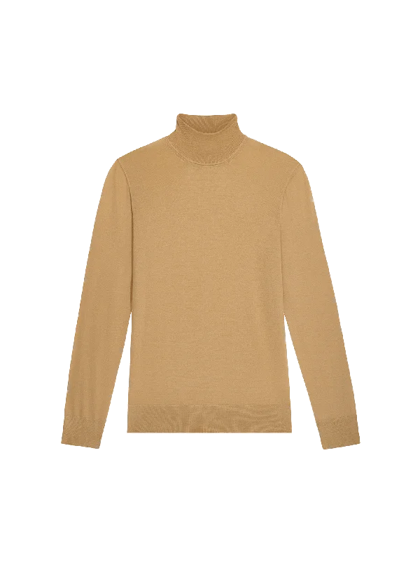 Women’s Regenerative Merino Wool Turtleneck Sweater—camel Print Jacquard Patchwork