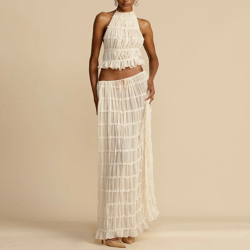Ruched Backless Top & Maxi Skirt Two Piece Set corduroy skirt textured