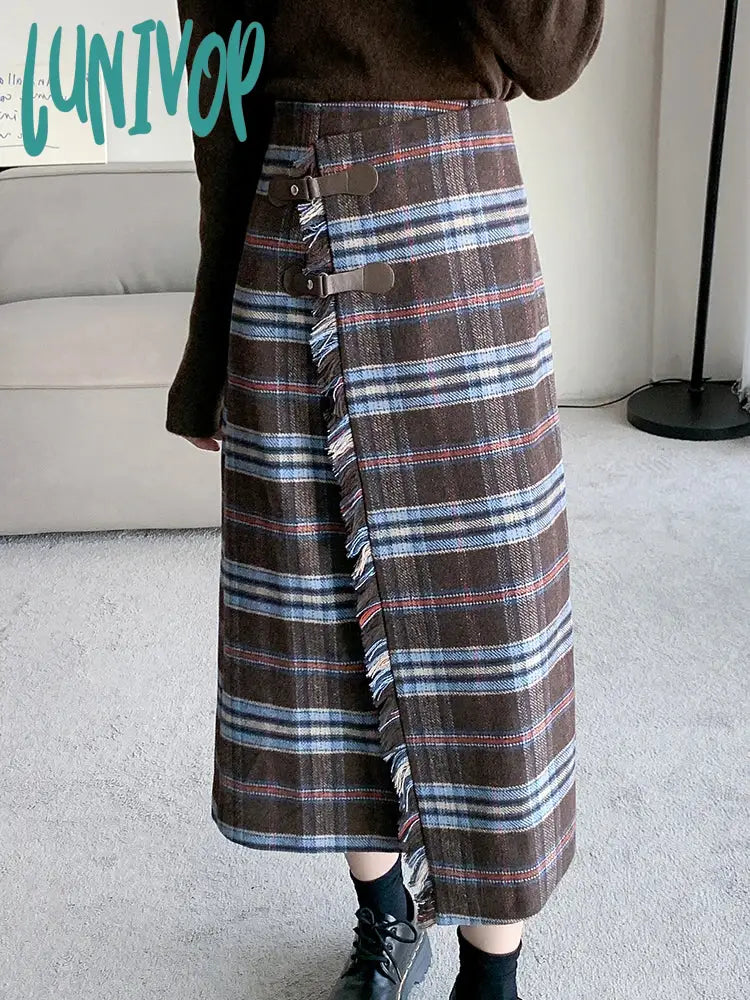 Lunivop Vintage Woolen Plaid Skirts Women Ripped Midi Skirt Female High Waist Irregular Color Contrast Khaki Skirts Streetwear corduroy skirt durable