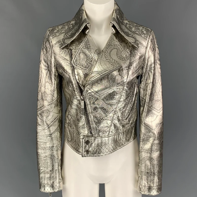 ROBERTO CAVALLI Size 4 Silver Print Leather Metallic Cropped Biker Jacket Embroidered Jacket Appliqued Jacket Beaded Jacket ROBERTO CAVALLI Size 4 Silver Print Leather Metallic Cropped Biker Jacket Embroidered Jacket Appliqued Jacket Beaded Jacket