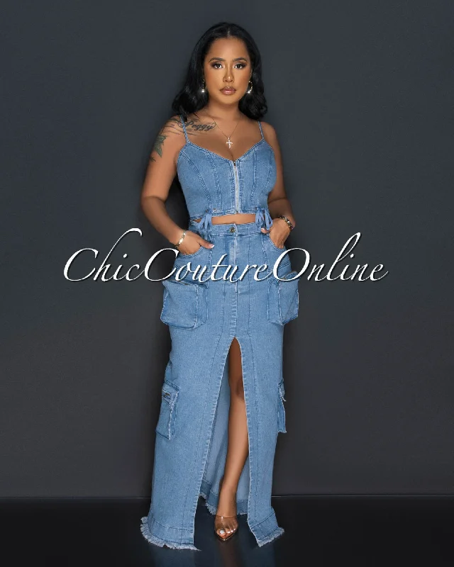 Jilian Medium Denim Cropt Top & Maxi Cargo Skirt Set asymmetrical skirt cut