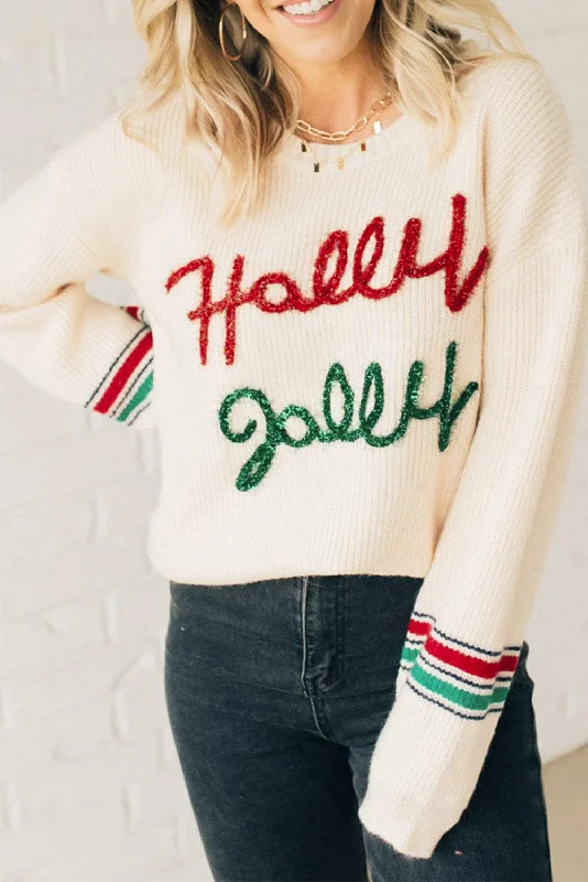 Beige Tinsel Holly Jolly Graphic Classic Sweater Velvet Chenille Corduroy