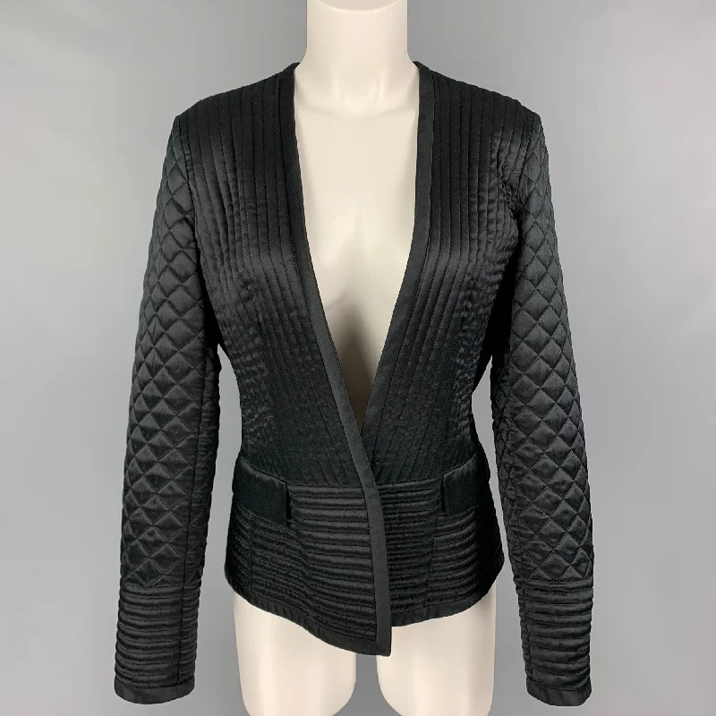 ETRO Size 8 Black Silk Quilted Collarless Jacket Blazer Faux Fur Jacket Real Fur Jacket Shearling Jacket ETRO Size 8 Black Silk Quilted Collarless Jacket Blazer Faux Fur Jacket Real Fur Jacket Shearling Jacket