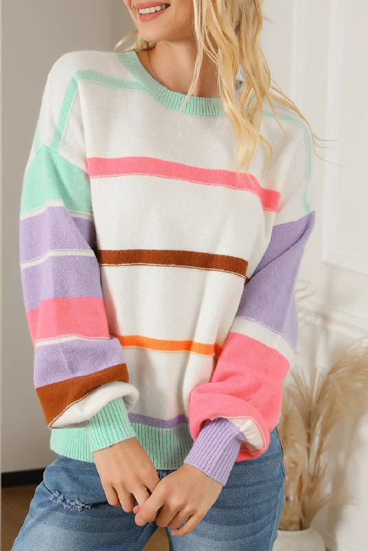 Striped Colorblock Drop Shoulder Sweater Fitted Slim Tailored