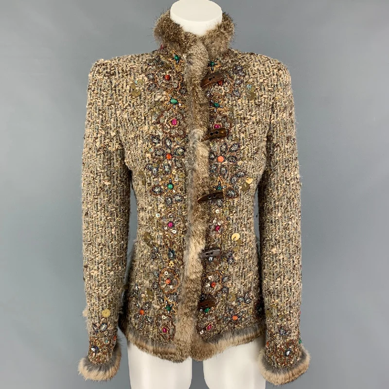 OSCAR DE LA RENTA Size 6 Taupe Wool Blend Embroidered Jacket A-Line Jacket Boat Neck Shawl Collar